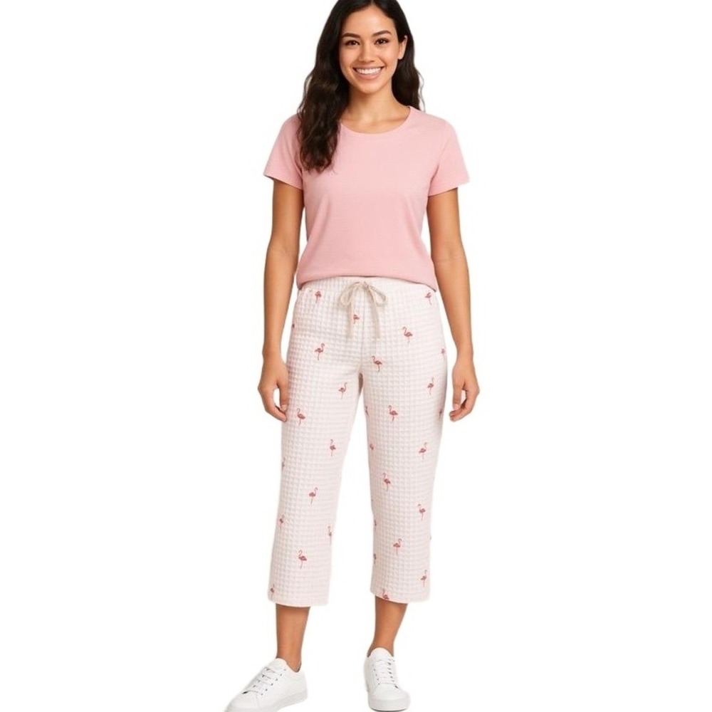 Gap Body Pants Womens Small Petite Pink Flamingo Print Elastic Waist Drawstring